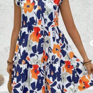 Ruffled Sleeve Shift Dress with Ruffle VNeck Collar - White Blue Or - La…